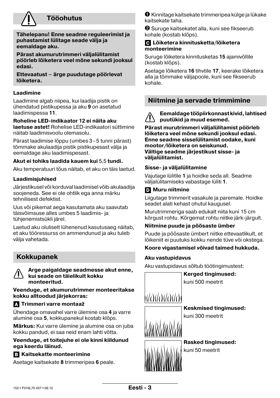 Tööohutus, Kokkupanek, Niitmine ja servade trimmimine | Bosch ART EASYTRIM Accu NIMH User Manual | Page 152 / 168