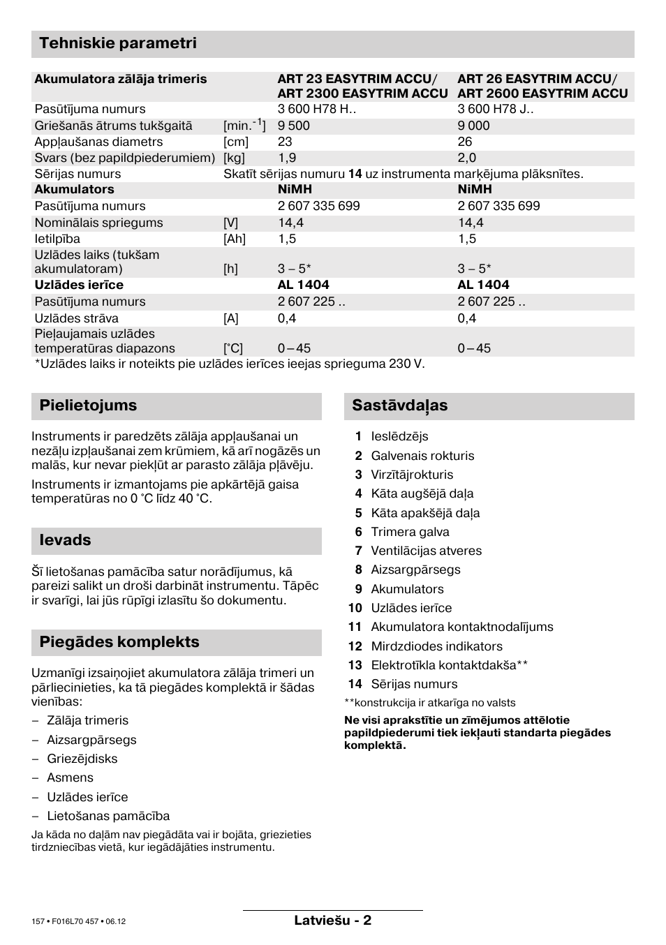 Tehniskie parametri, Pielietojums ievads piegādes komplekts sastāvda as | Bosch ART EASYTRIM Accu NIMH User Manual | Page 157 / 168