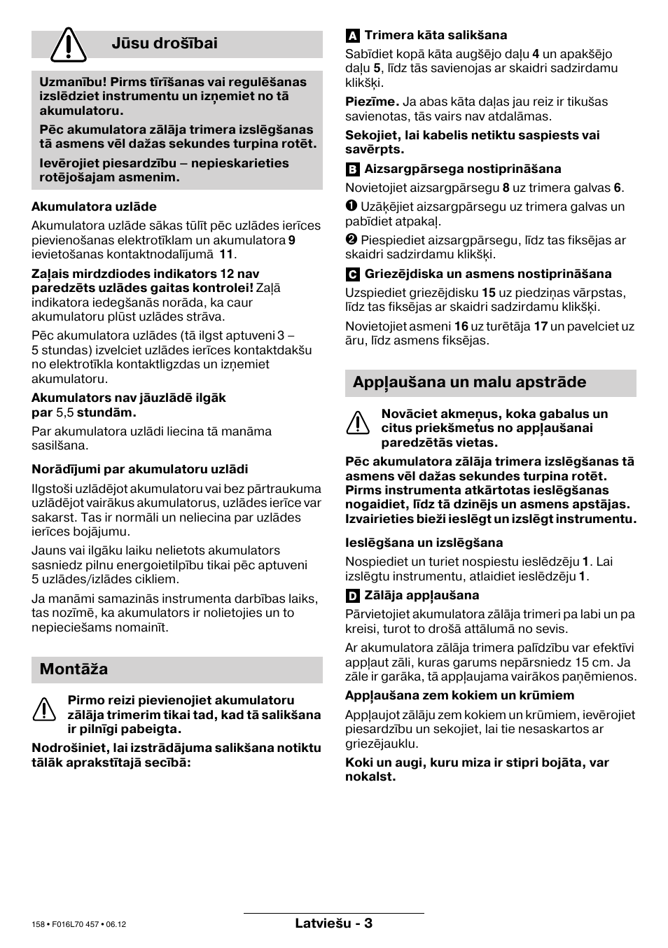 Jūsu drošībai, Montāža app aušana un malu apstrāde | Bosch ART EASYTRIM Accu NIMH User Manual | Page 158 / 168