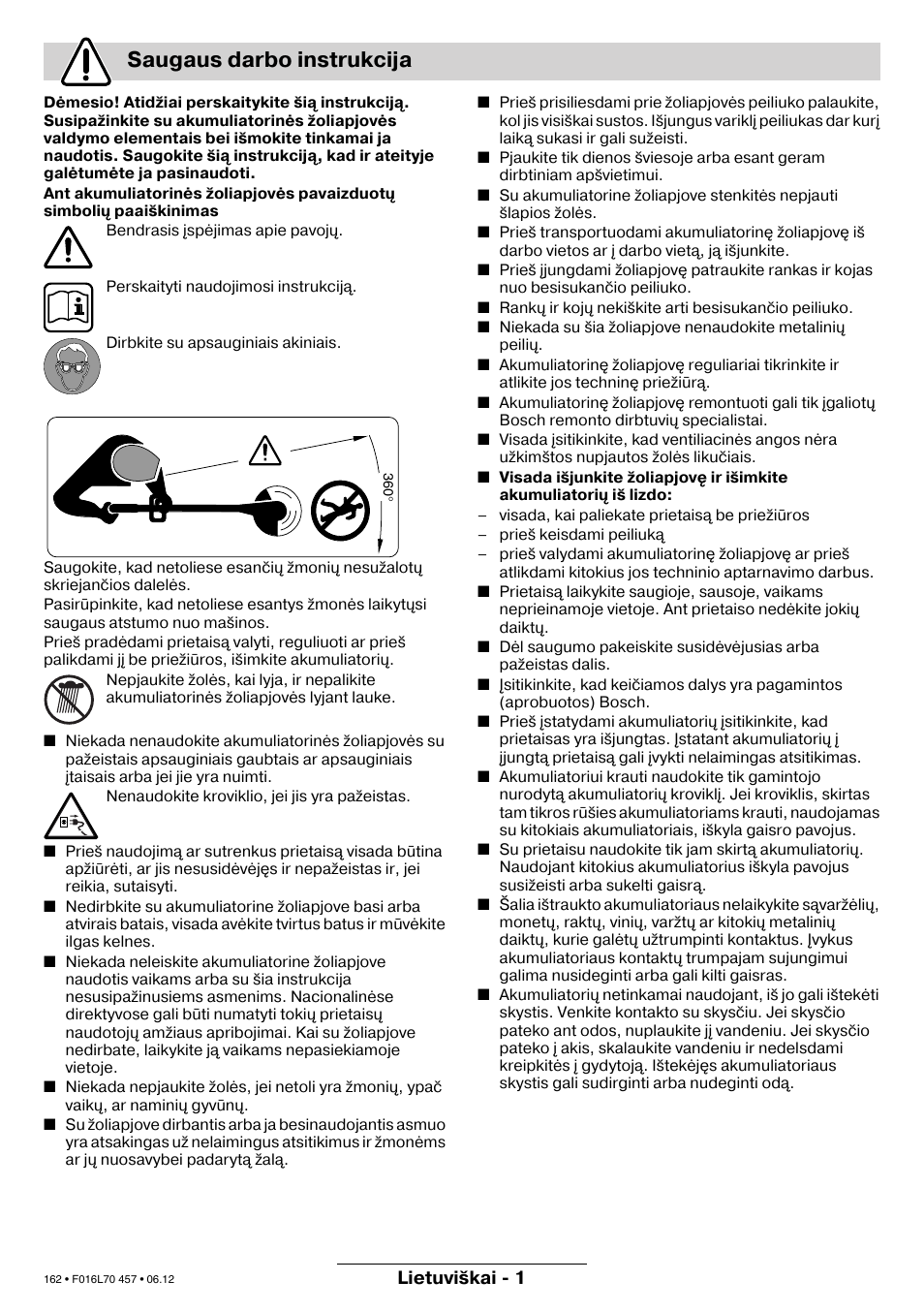 Saugaus darbo instrukcija | Bosch ART EASYTRIM Accu NIMH User Manual | Page 162 / 168