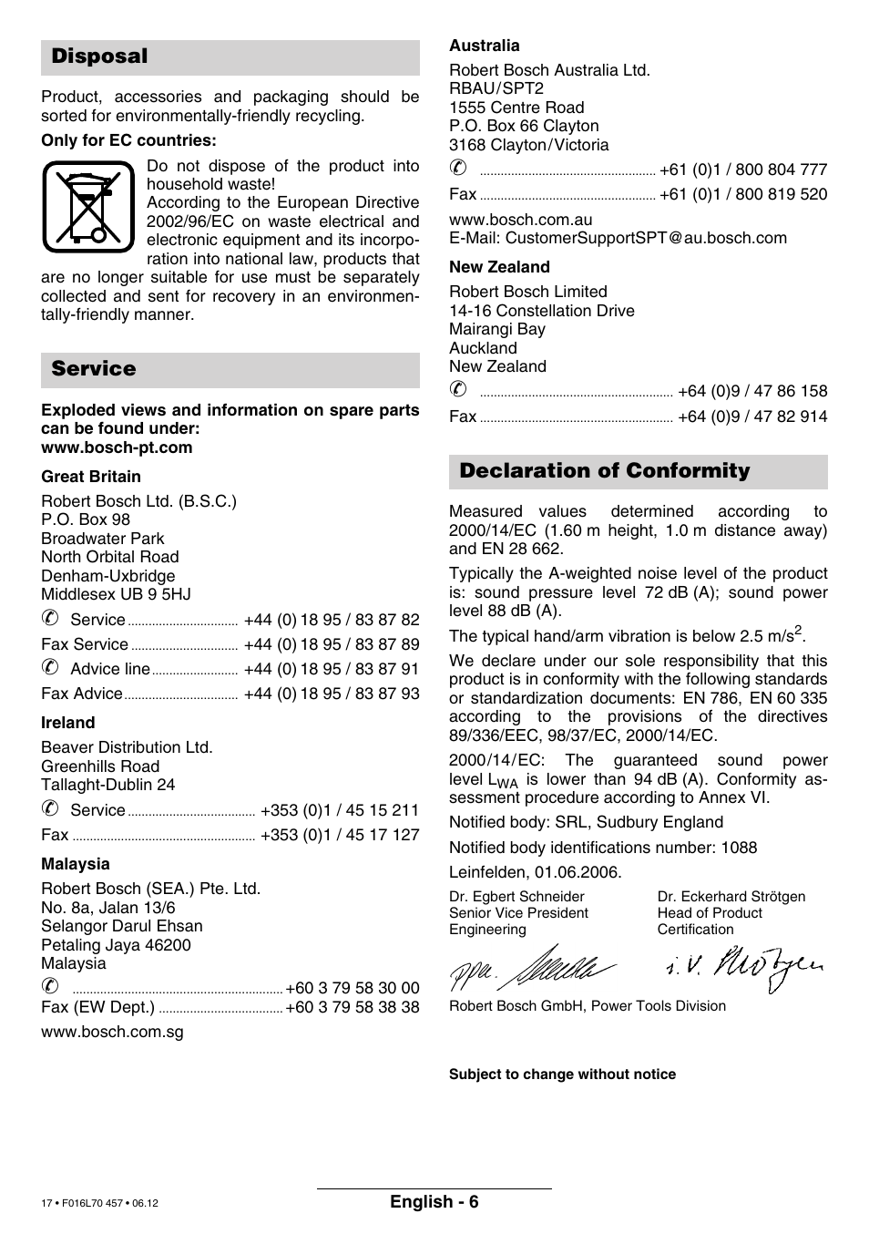 Disposal service declaration of conformity | Bosch ART EASYTRIM Accu NIMH User Manual | Page 17 / 168