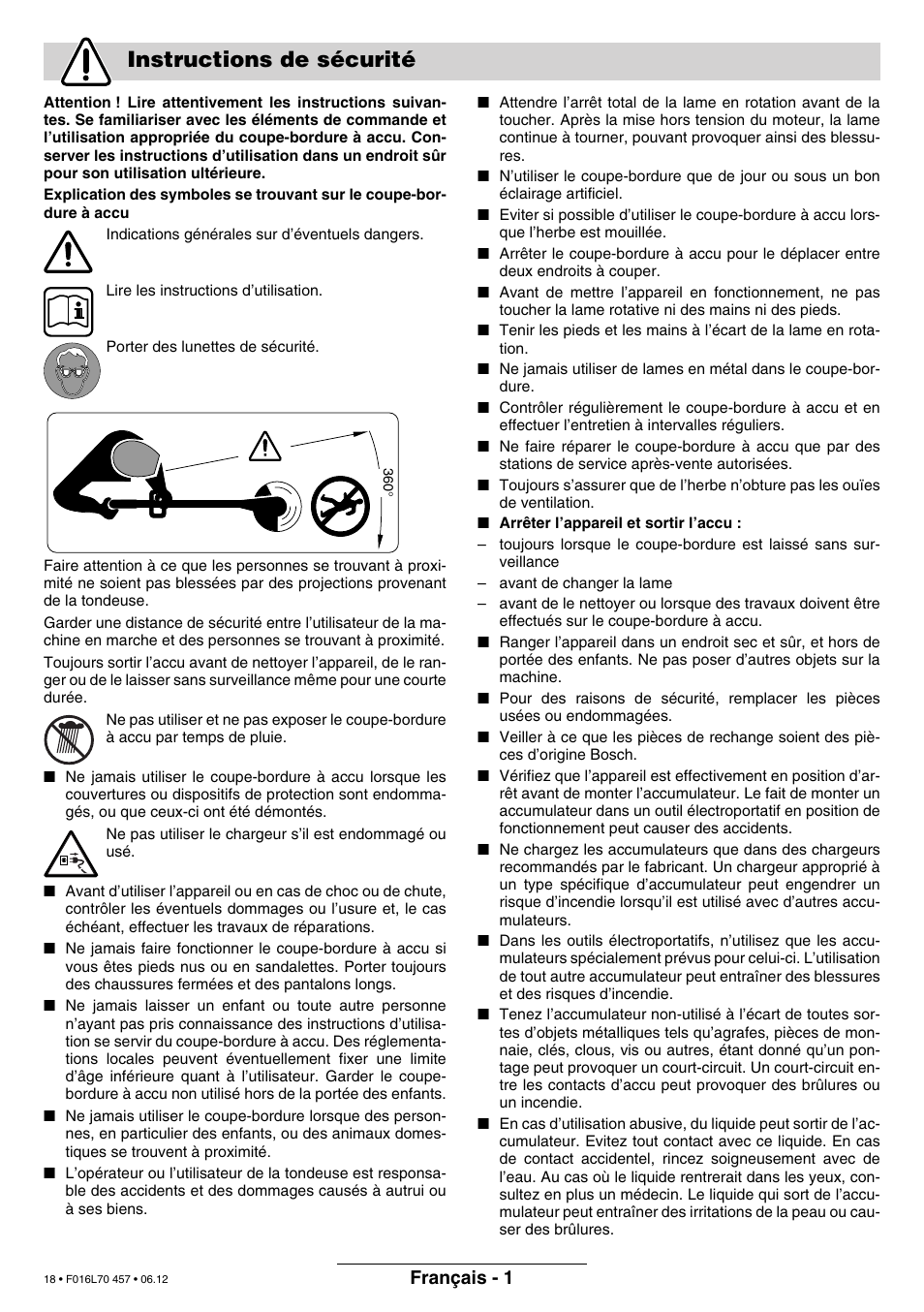 Instructions de sécurité, Français - 1 | Bosch ART EASYTRIM Accu NIMH User Manual | Page 18 / 168