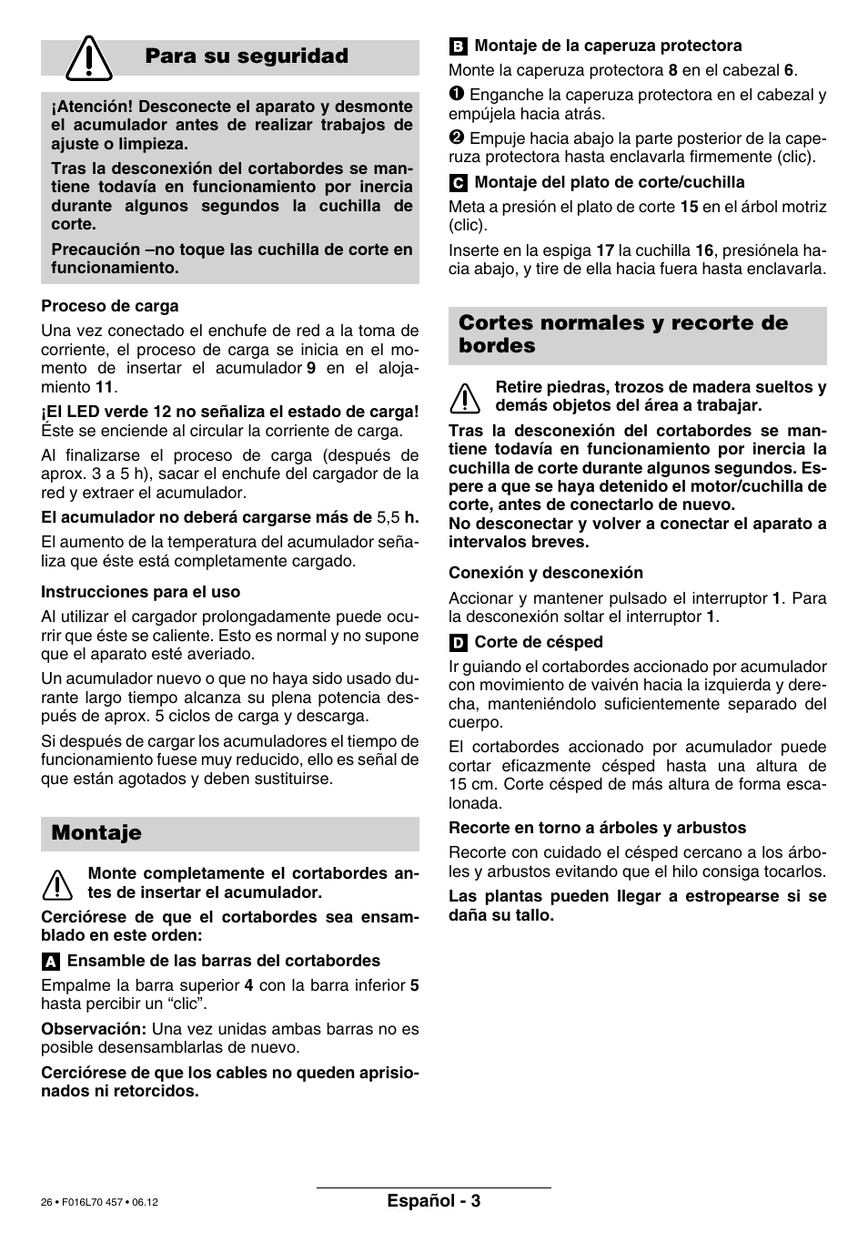 Para su seguridad, Montaje, Cortes normales y recorte de bordes | Bosch ART EASYTRIM Accu NIMH User Manual | Page 26 / 168