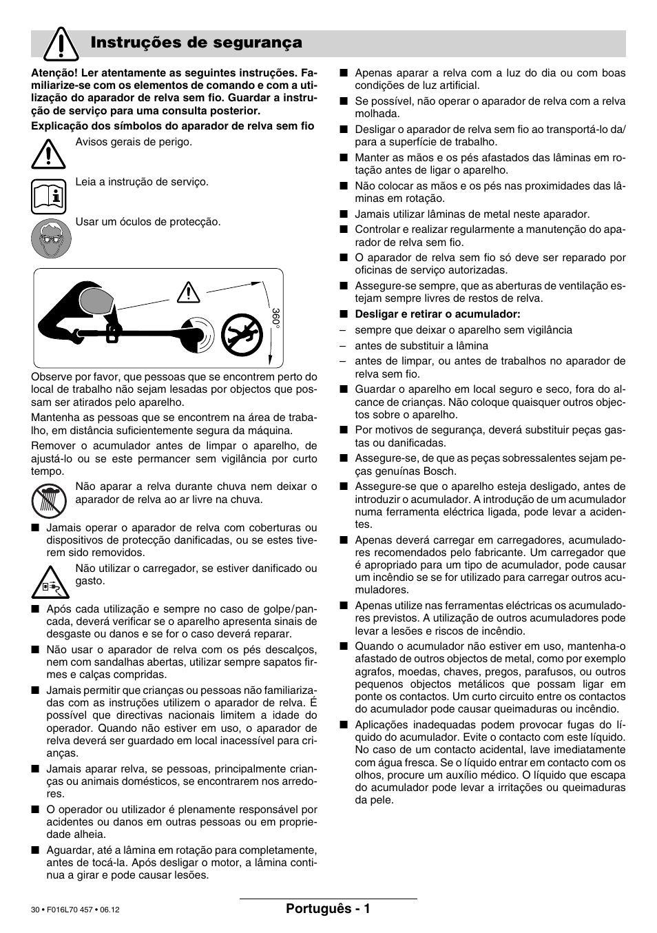 Instruções de segurança, Português - 1 | Bosch ART EASYTRIM Accu NIMH User Manual | Page 30 / 168