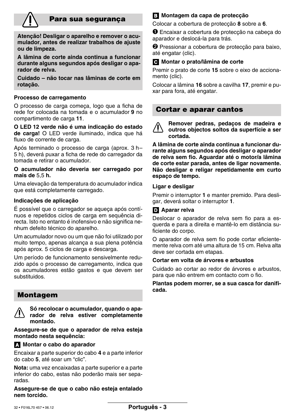 Para sua segurança, Montagem, Cortar e aparar cantos | Bosch ART EASYTRIM Accu NIMH User Manual | Page 32 / 168