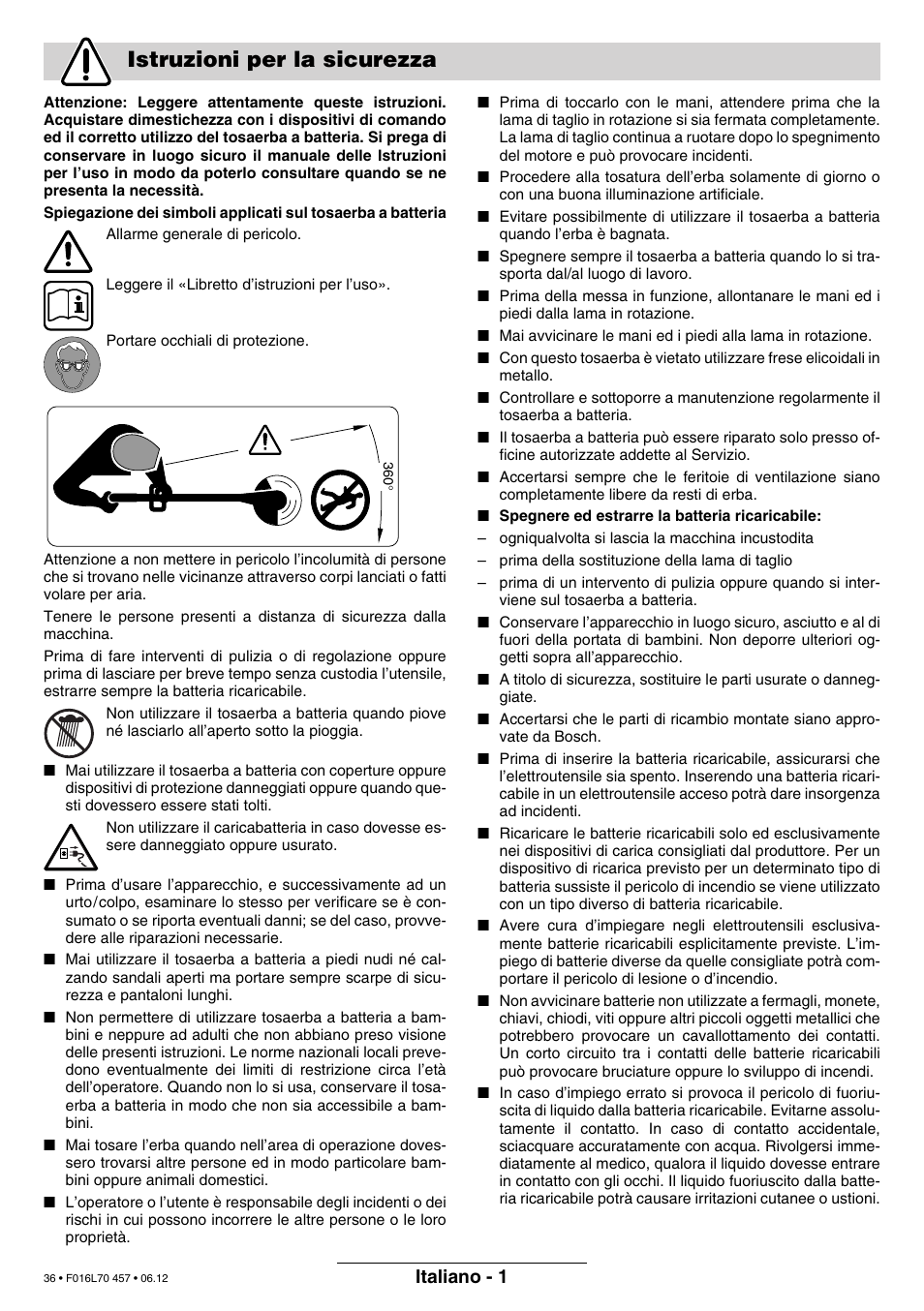 Istruzioni per la sicurezza, Italiano - 1 | Bosch ART EASYTRIM Accu NIMH User Manual | Page 36 / 168