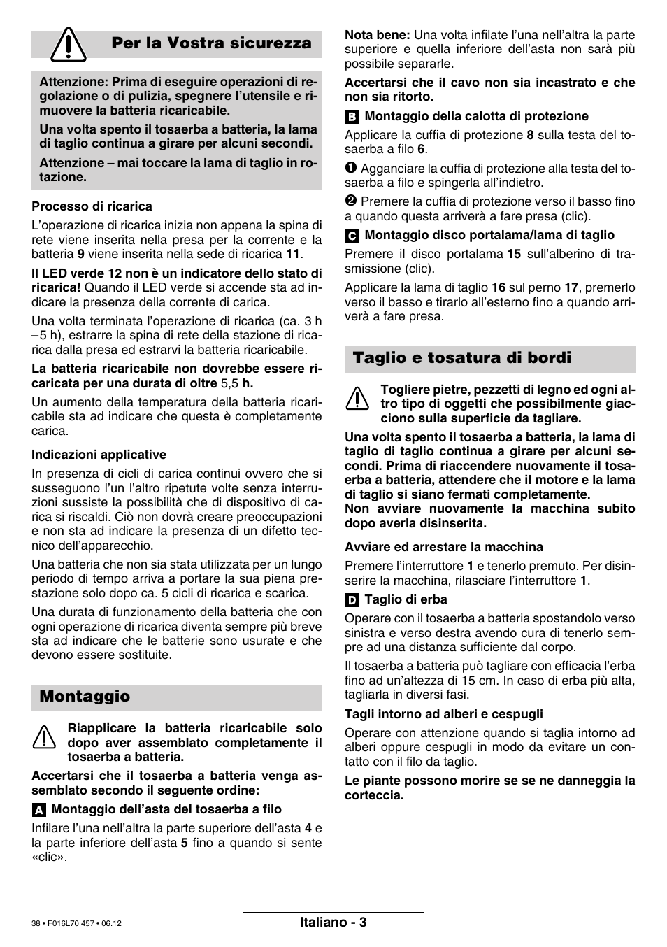 Per la vostra sicurezza, Montaggio, Taglio e tosatura di bordi | Bosch ART EASYTRIM Accu NIMH User Manual | Page 38 / 168