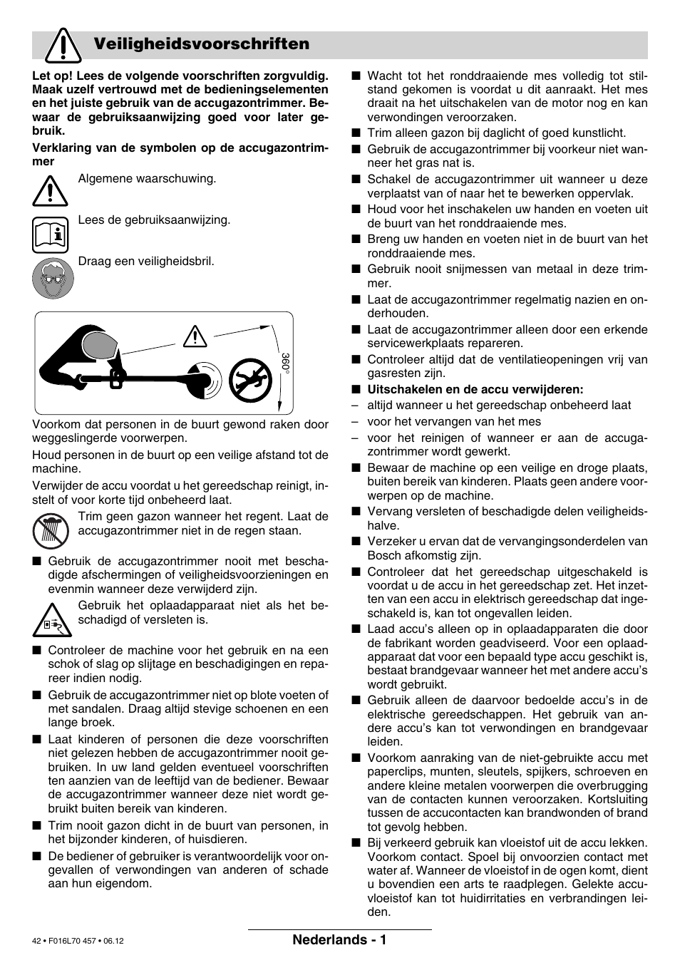 Veiligheidsvoorschriften | Bosch ART EASYTRIM Accu NIMH User Manual | Page 42 / 168