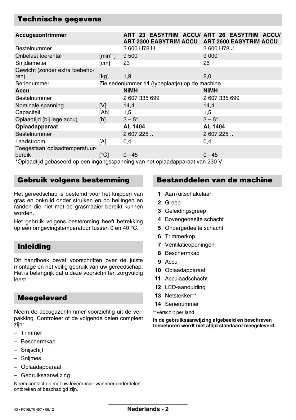 Technische gegevens | Bosch ART EASYTRIM Accu NIMH User Manual | Page 43 / 168