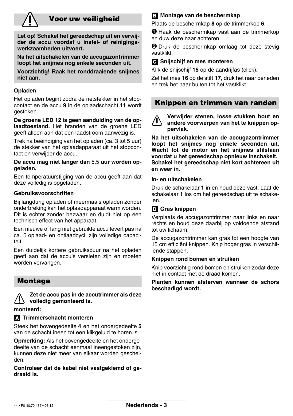 Voor uw veiligheid, Montage, Knippen en trimmen van randen | Bosch ART EASYTRIM Accu NIMH User Manual | Page 44 / 168