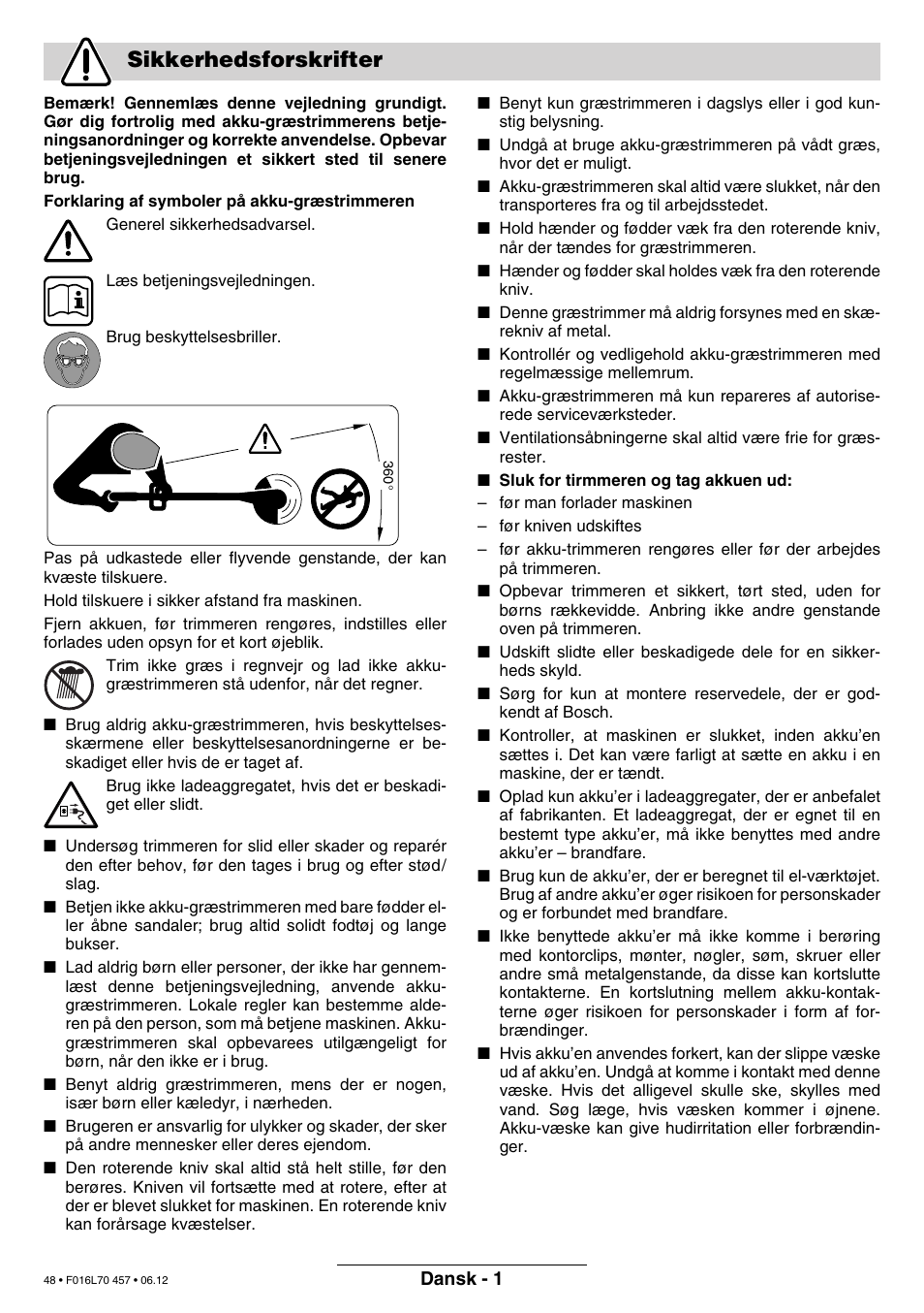 Sikkerhedsforskrifter | Bosch ART EASYTRIM Accu NIMH User Manual | Page 48 / 168