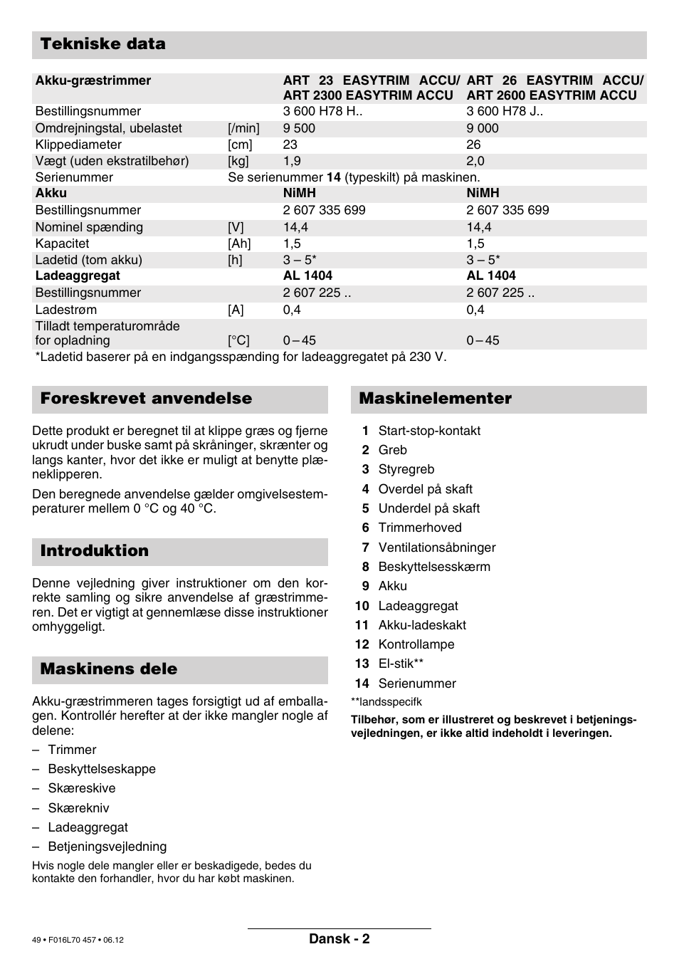 Tekniske data | Bosch ART EASYTRIM Accu NIMH User Manual | Page 49 / 168