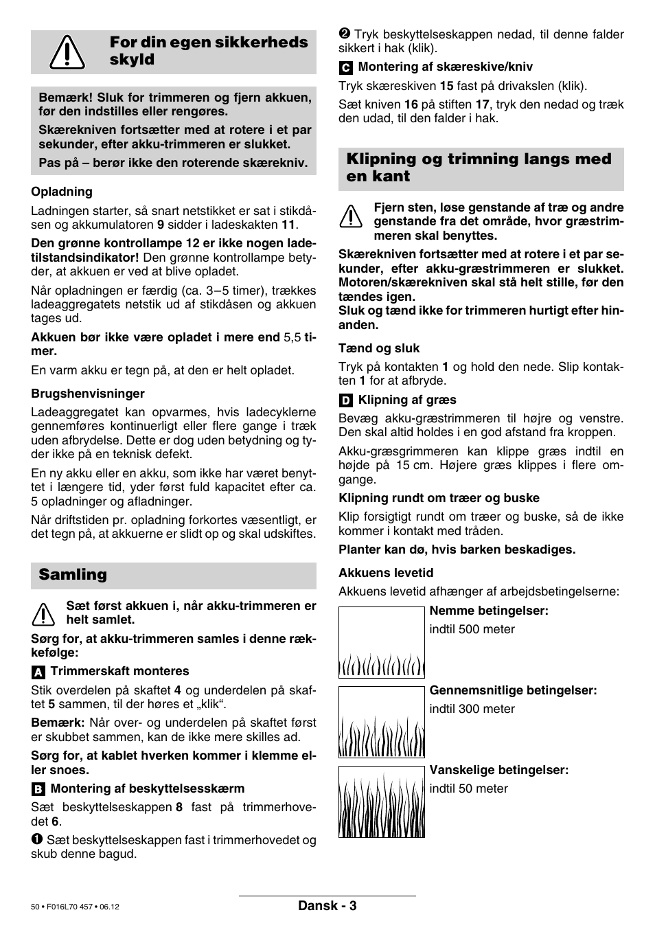 For din egen sikkerheds skyld, Samling, Klipning og trimning langs med en kant | Bosch ART EASYTRIM Accu NIMH User Manual | Page 50 / 168