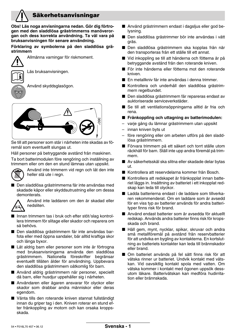 Säkerhetsanvisningar | Bosch ART EASYTRIM Accu NIMH User Manual | Page 54 / 168