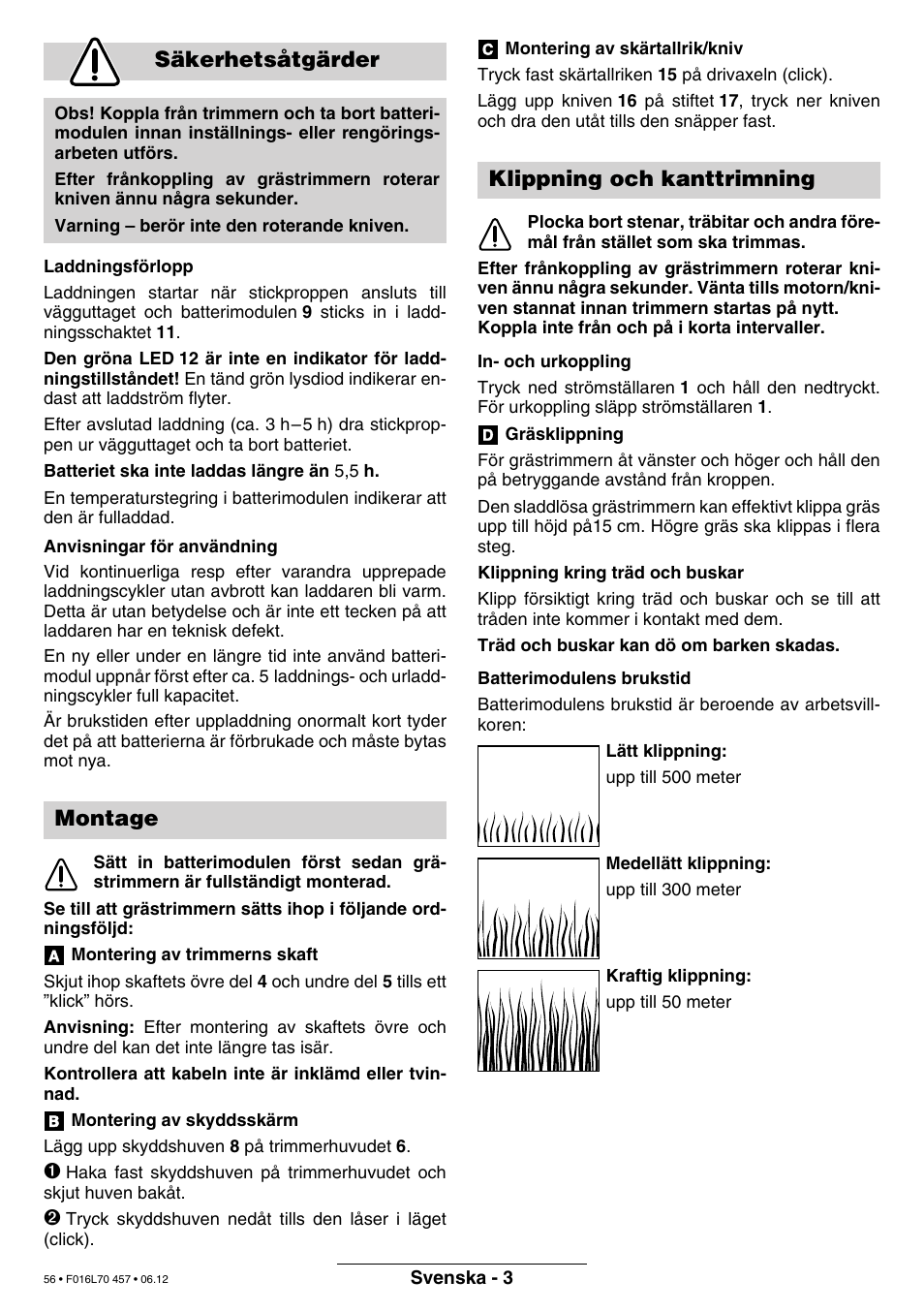 Säkerhetsåtgärder, Montage, Klippning och kanttrimning | Bosch ART EASYTRIM Accu NIMH User Manual | Page 56 / 168