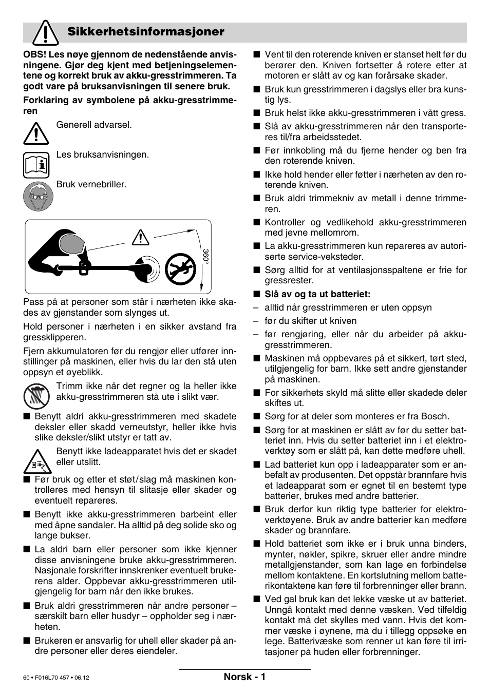 Sikkerhetsinformasjoner | Bosch ART EASYTRIM Accu NIMH User Manual | Page 60 / 168