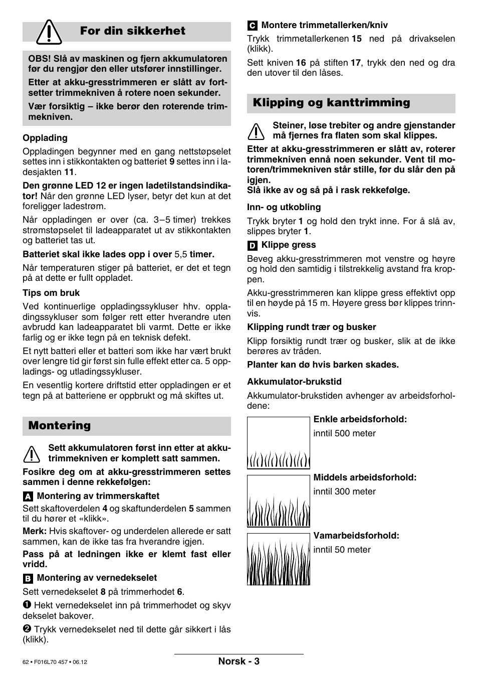 For din sikkerhet, Montering, Klipping og kanttrimming | Bosch ART EASYTRIM Accu NIMH User Manual | Page 62 / 168