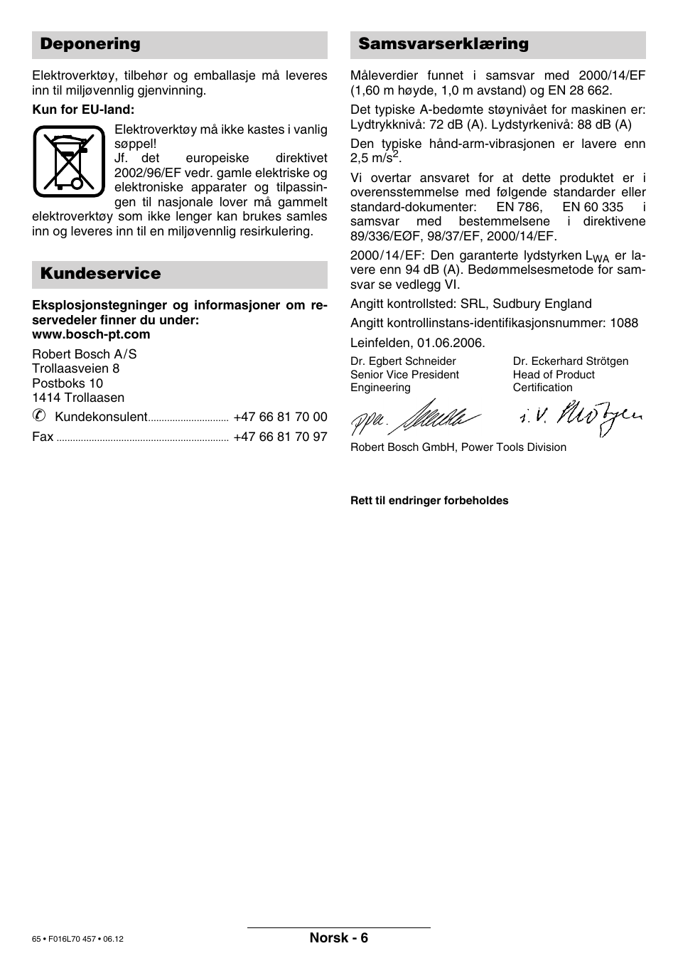 Deponering kundeservice samsvarserklæring | Bosch ART EASYTRIM Accu NIMH User Manual | Page 65 / 168