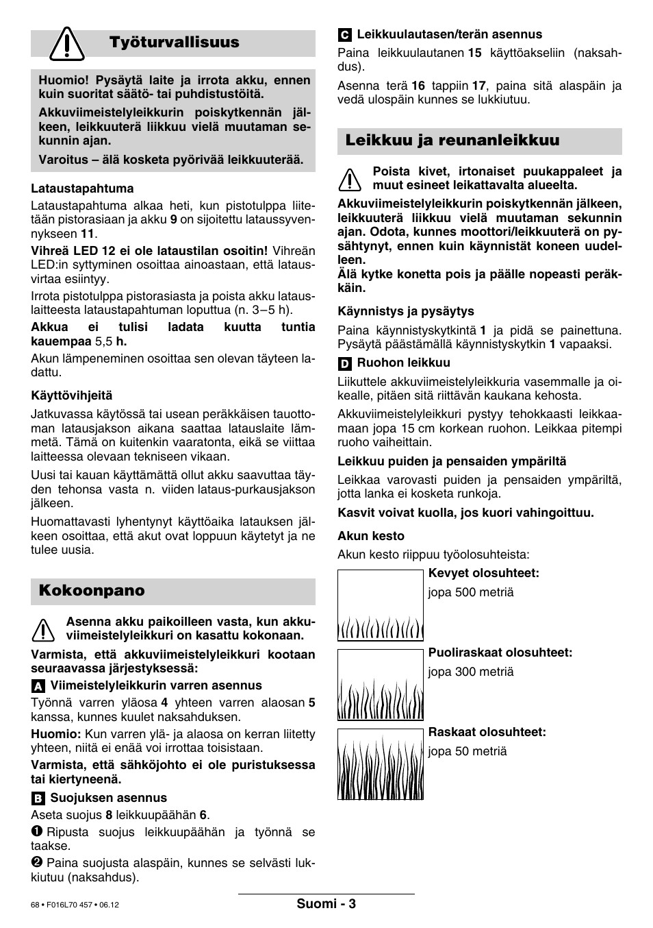 Työturvallisuus, Kokoonpano, Leikkuu ja reunanleikkuu | Bosch ART EASYTRIM Accu NIMH User Manual | Page 68 / 168