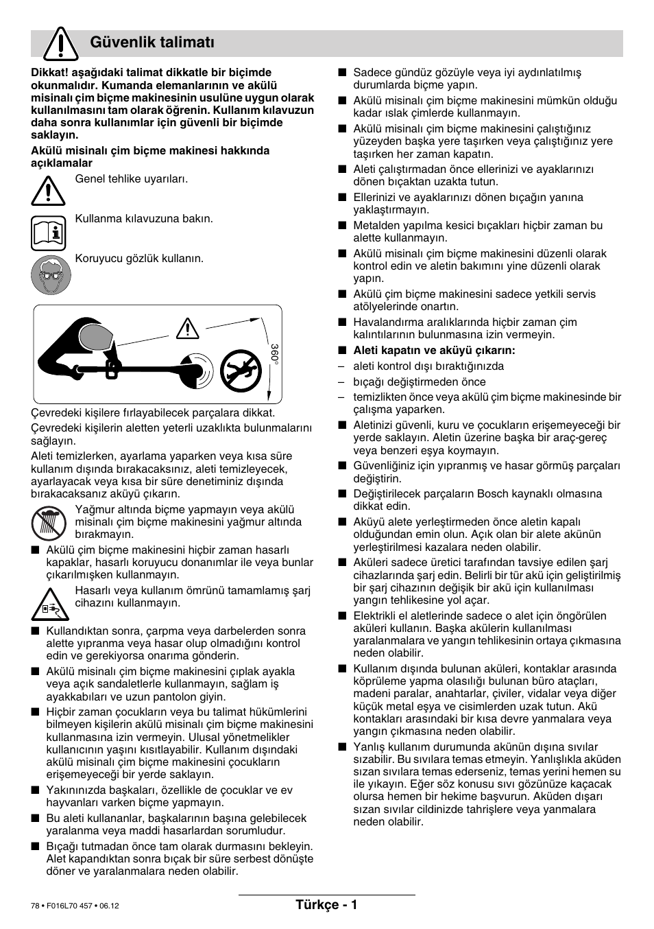 Güvenlik talimat | Bosch ART EASYTRIM Accu NIMH User Manual | Page 78 / 168