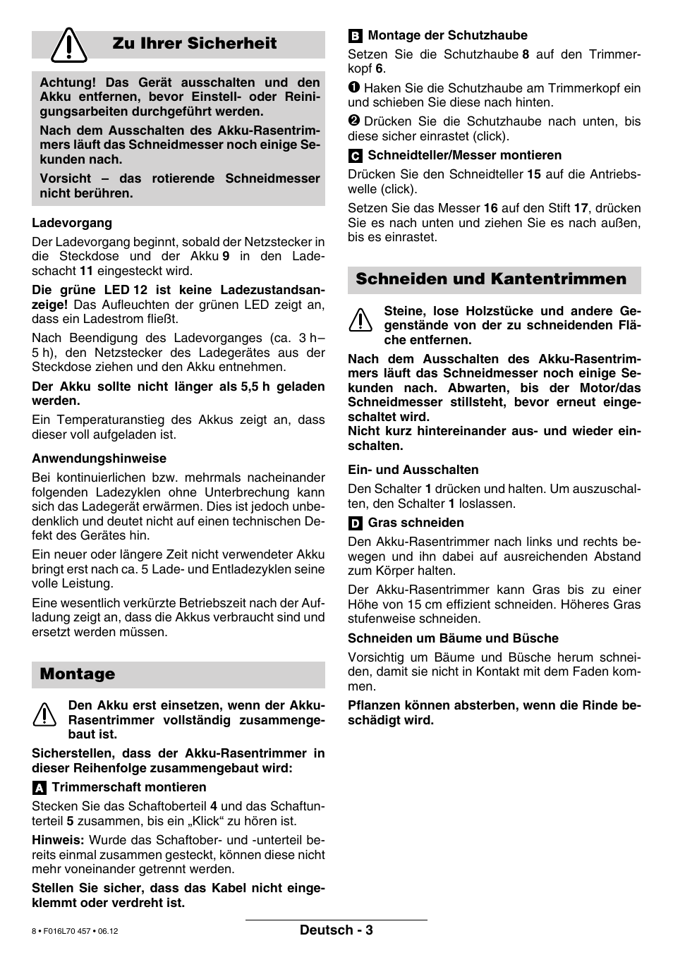 Zu ihrer sicherheit, Montage, Schneiden und kantentrimmen | Bosch ART EASYTRIM Accu NIMH User Manual | Page 8 / 168