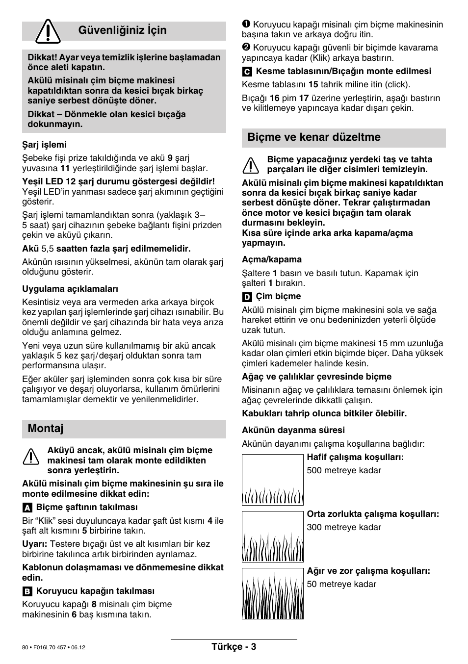 Güvenliπiniz ∑çin, Montaj, Biçme ve kenar düzeltme | Bosch ART EASYTRIM Accu NIMH User Manual | Page 80 / 168