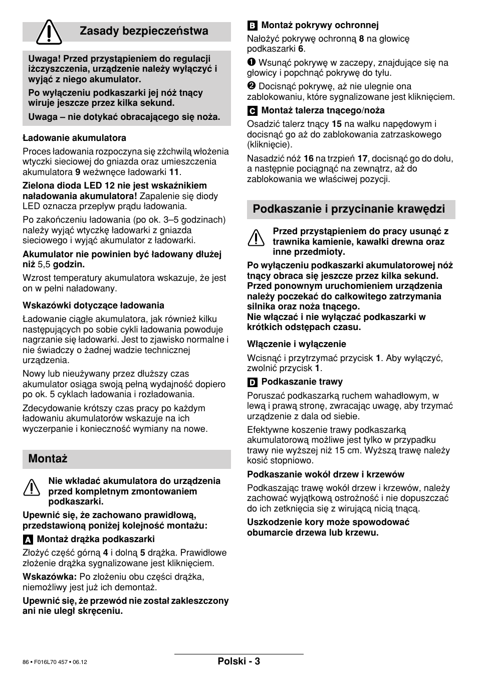 Zasady bezpieczeµstwa, Monta, Podkaszanie i przycinanie kraw∑dzi | Bosch ART EASYTRIM Accu NIMH User Manual | Page 86 / 168