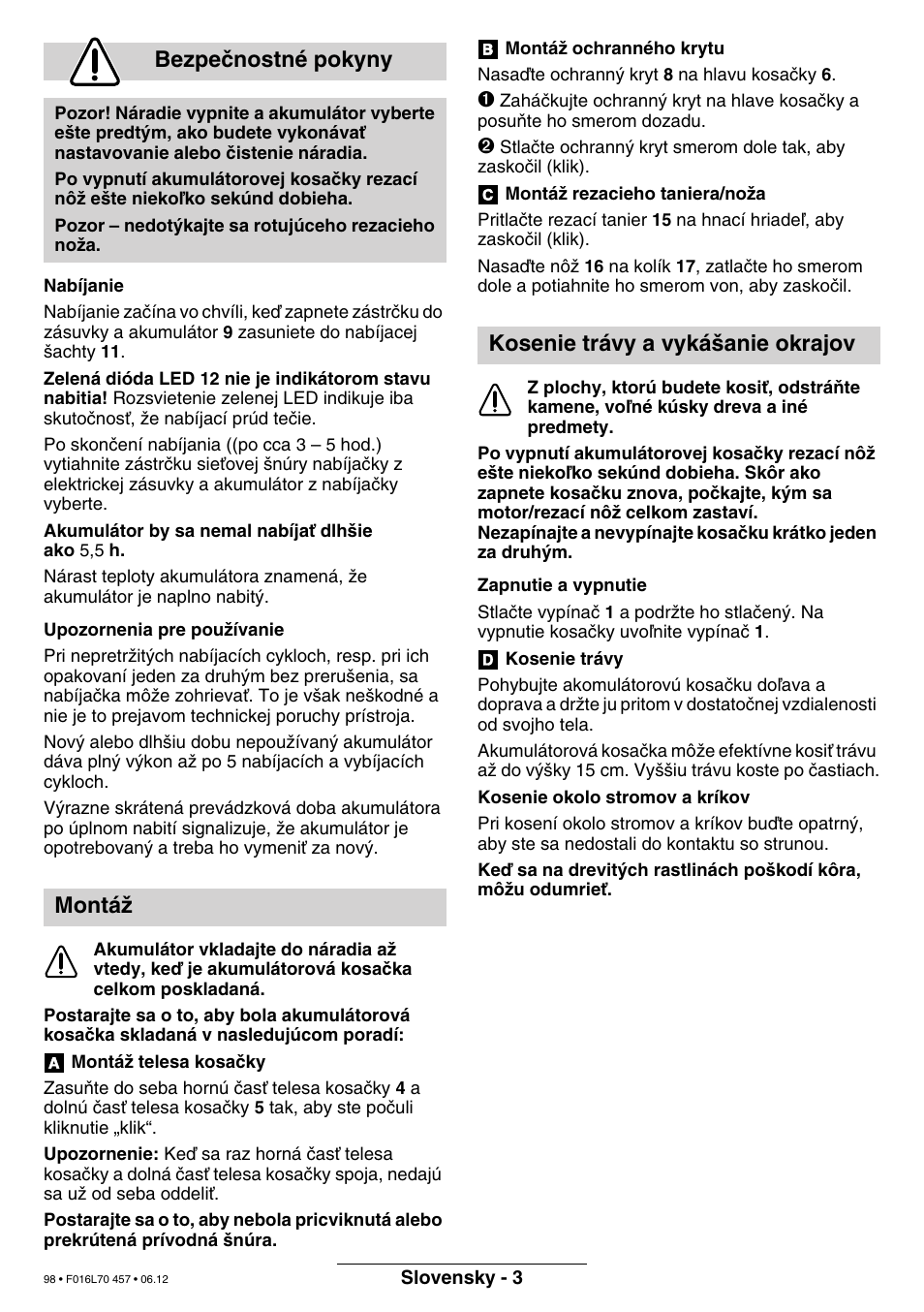 Bezpeãnostné pokyny, Montáï, Kosenie trávy a vyká‰anie okrajov | Bosch ART EASYTRIM Accu NIMH User Manual | Page 98 / 168