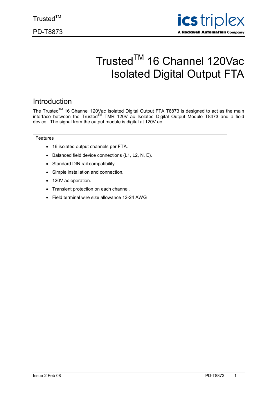 Rockwell Automation T8873 Trusted 16 Channel 120V ac Isolated Digital Output FTA User Manual | 18 pages