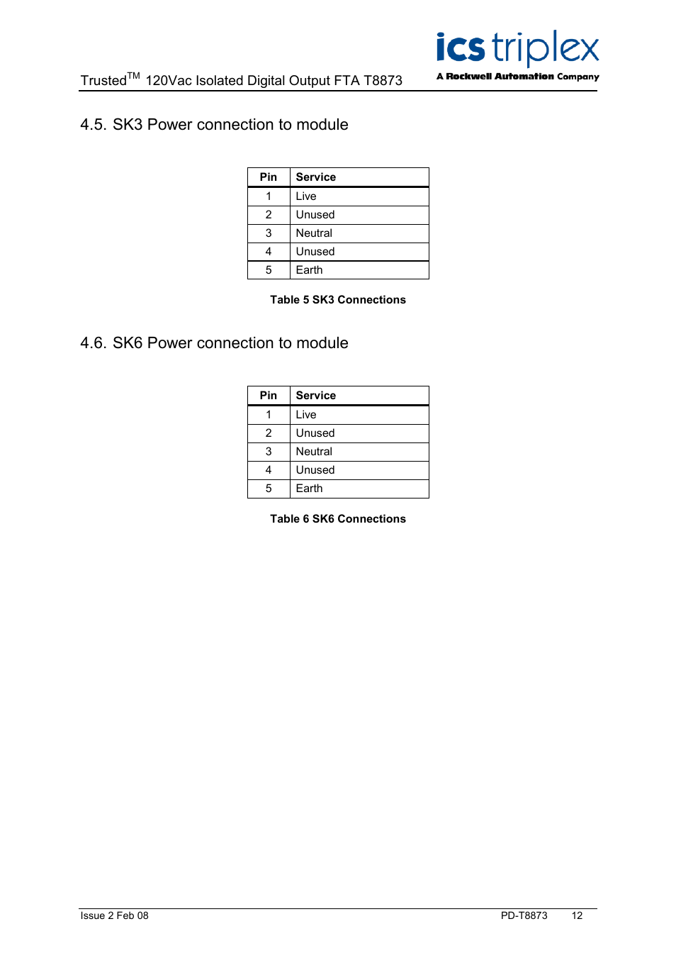 Sk3 power connection to module, Sk6 power connection to module, Table 5 sk3 connections | Table 6 sk6 connections, Trusted | Rockwell Automation T8873 Trusted 16 Channel 120V ac Isolated Digital Output FTA User Manual | Page 12 / 18