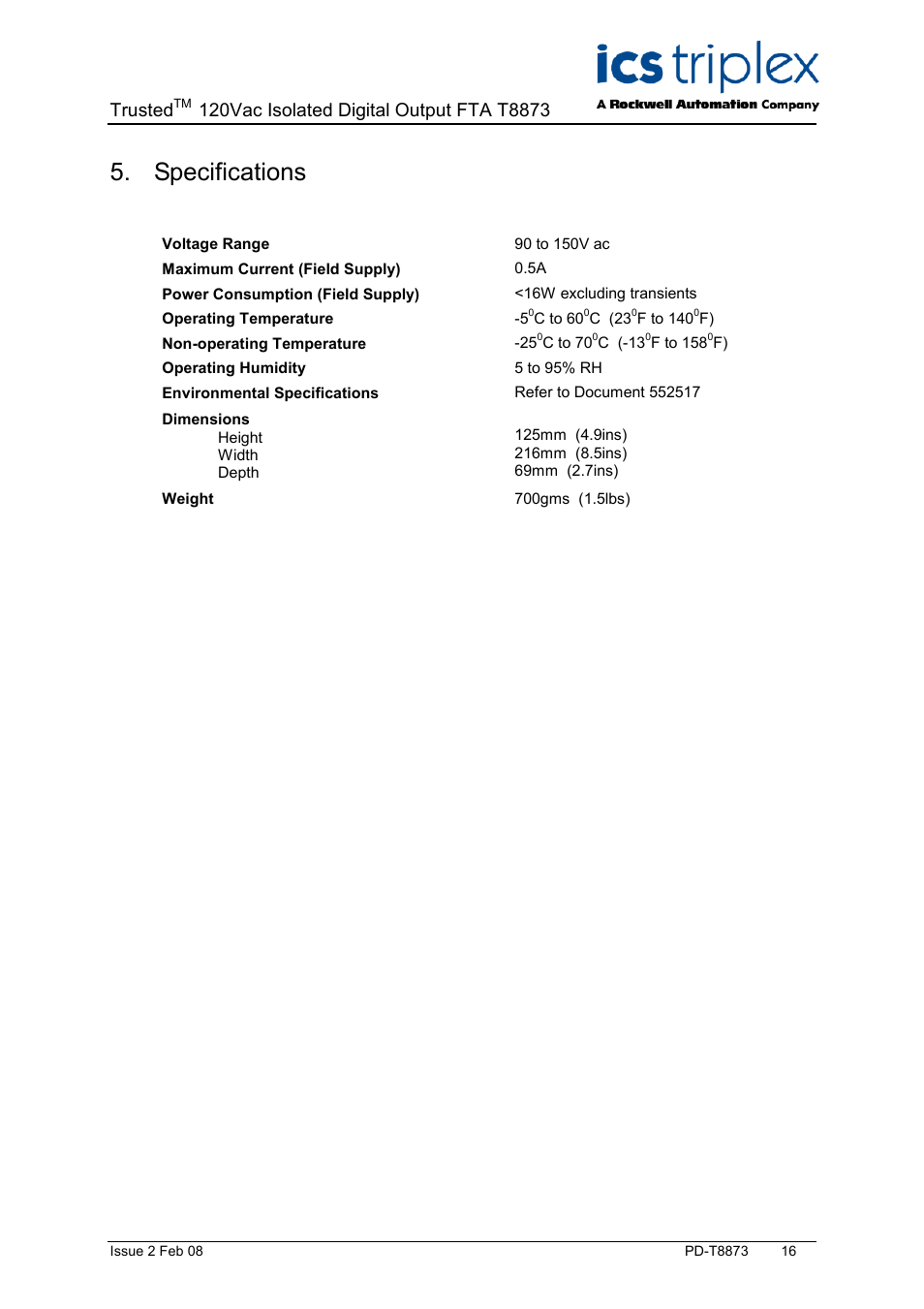 Specifications, Trusted | Rockwell Automation T8873 Trusted 16 Channel 120V ac Isolated Digital Output FTA User Manual | Page 16 / 18