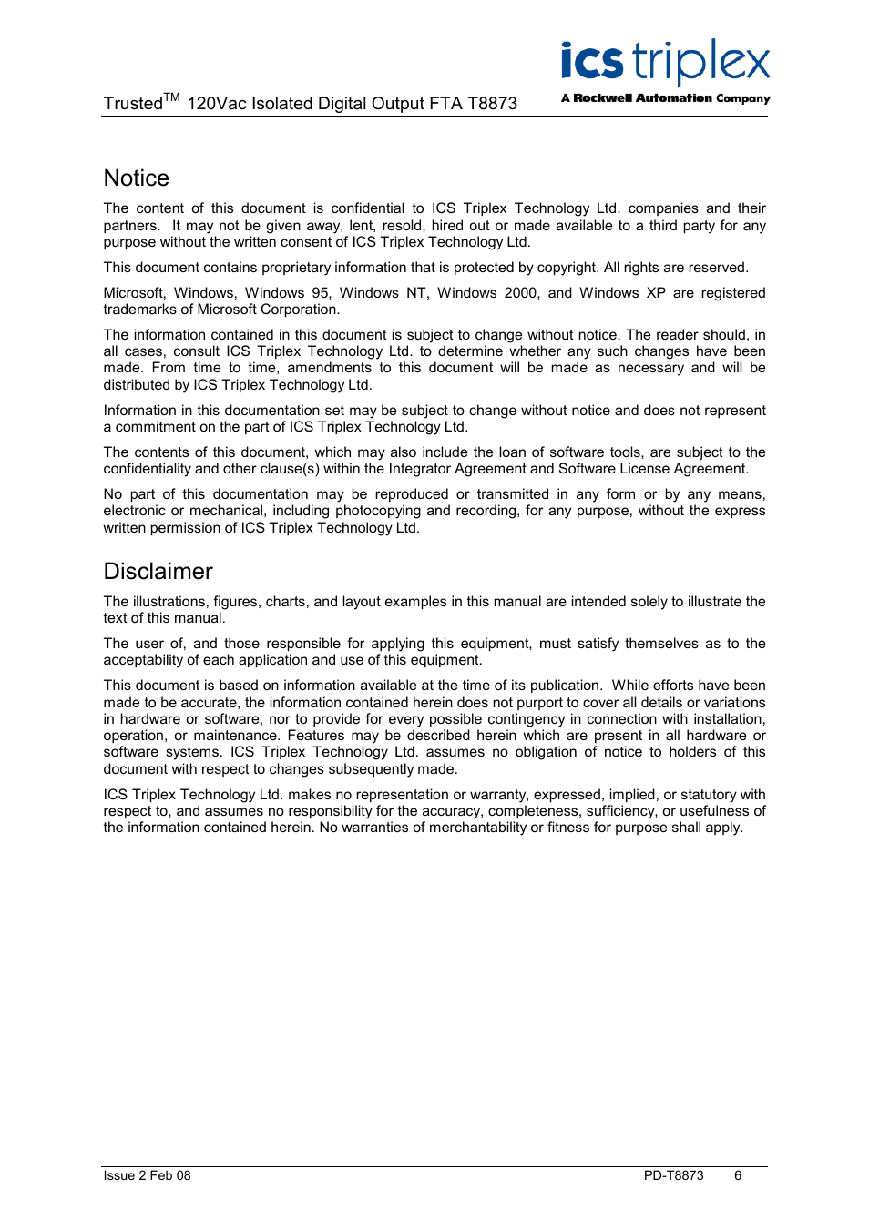 Notice, Disclaimer | Rockwell Automation T8873 Trusted 16 Channel 120V ac Isolated Digital Output FTA User Manual | Page 6 / 18