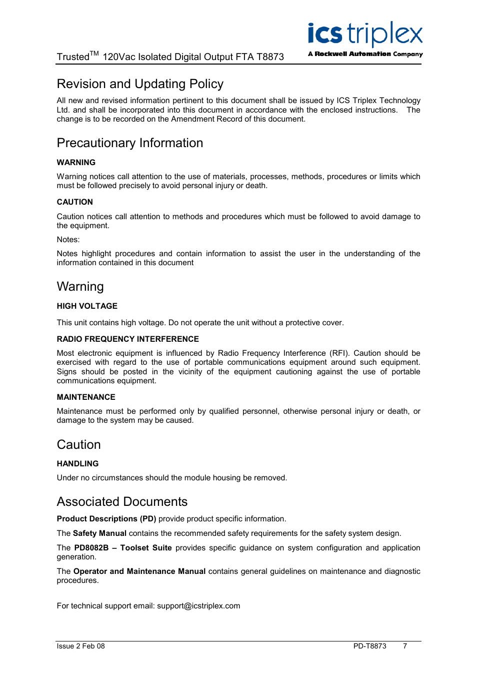 Revision and updating policy, Precautionary information, Warning | Caution, Associated documents | Rockwell Automation T8873 Trusted 16 Channel 120V ac Isolated Digital Output FTA User Manual | Page 7 / 18