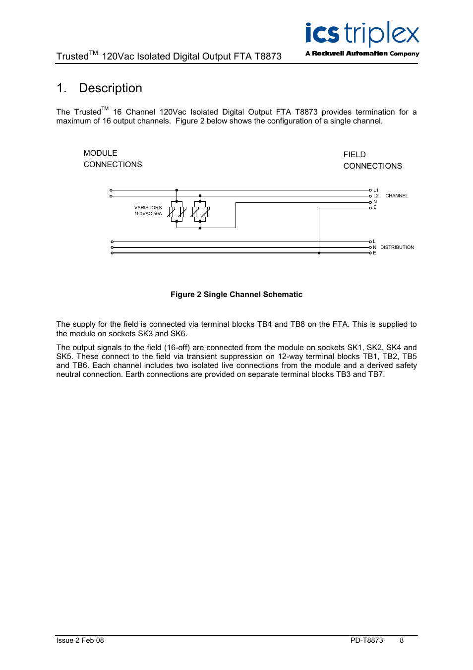 Description, Figure 2 single channel schematic, Trusted | Rockwell Automation T8873 Trusted 16 Channel 120V ac Isolated Digital Output FTA User Manual | Page 8 / 18