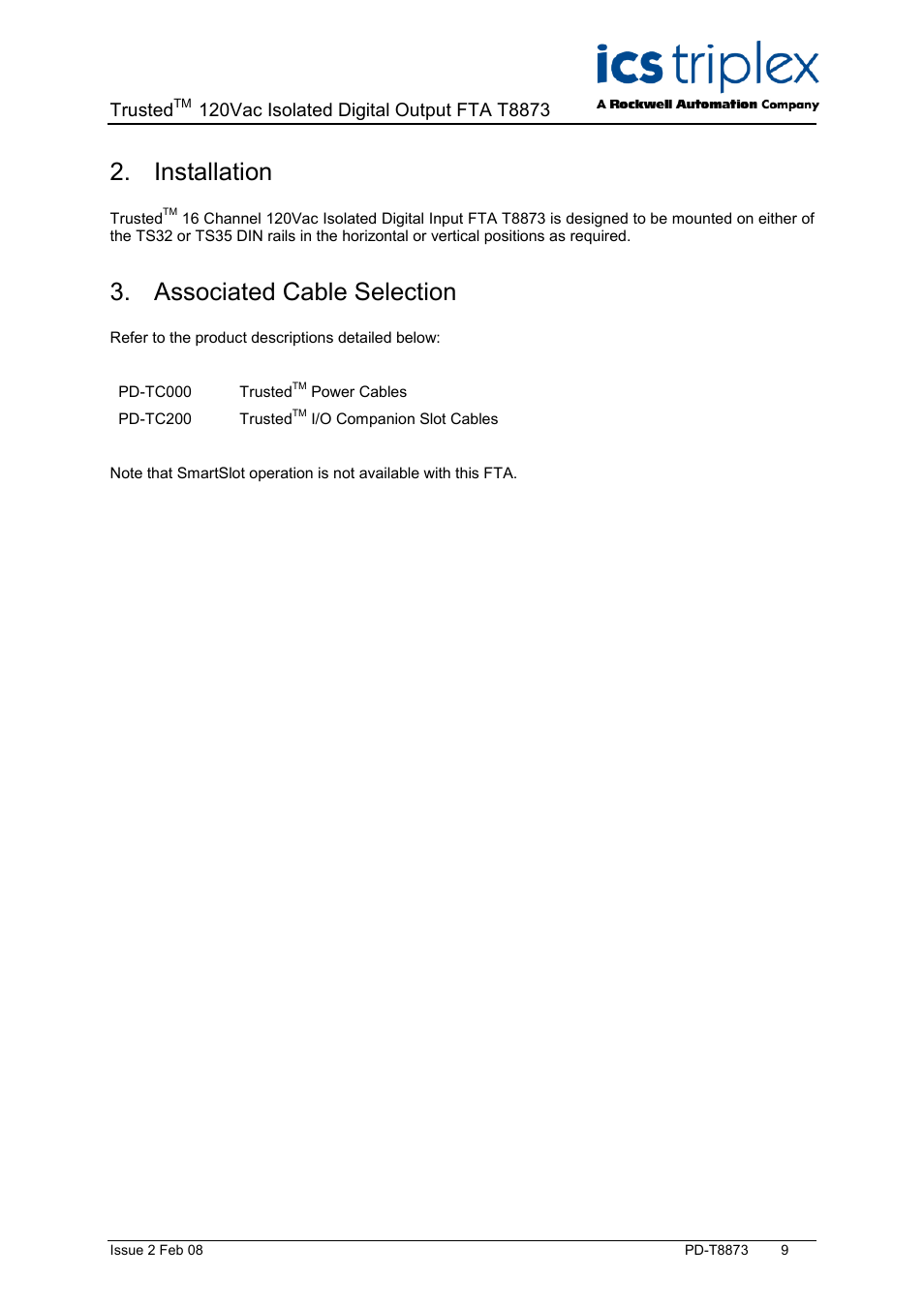 Installation, Associated cable selection, Trusted | Rockwell Automation T8873 Trusted 16 Channel 120V ac Isolated Digital Output FTA User Manual | Page 9 / 18