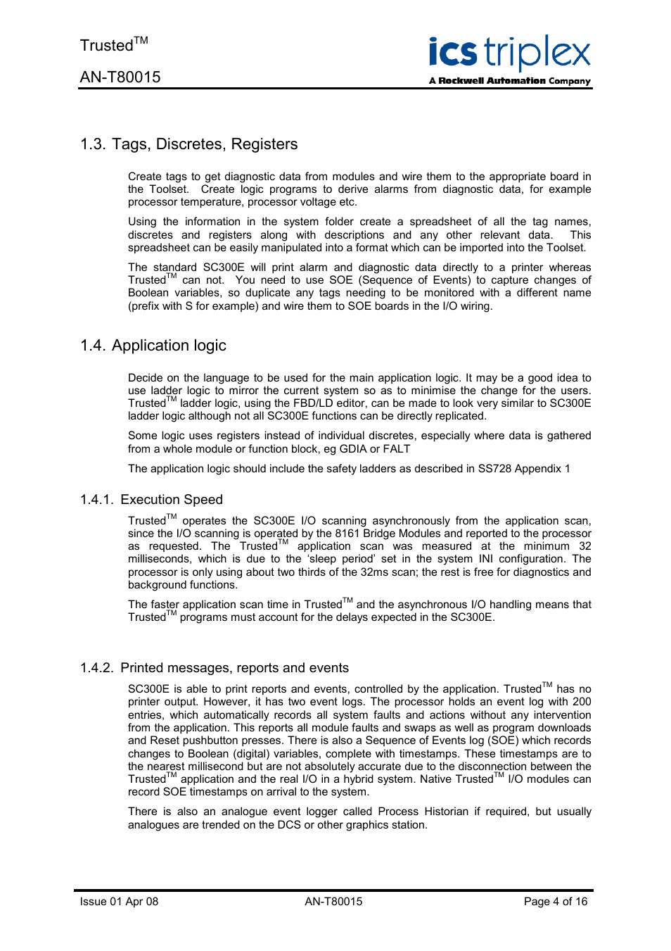 Tags, discretes, registers, Application logic, Execution speed | Printed messages, reports and events, Trusted | Rockwell Automation T80015 Application Note Trusted SC300E Migration Process User Manual | Page 4 / 16