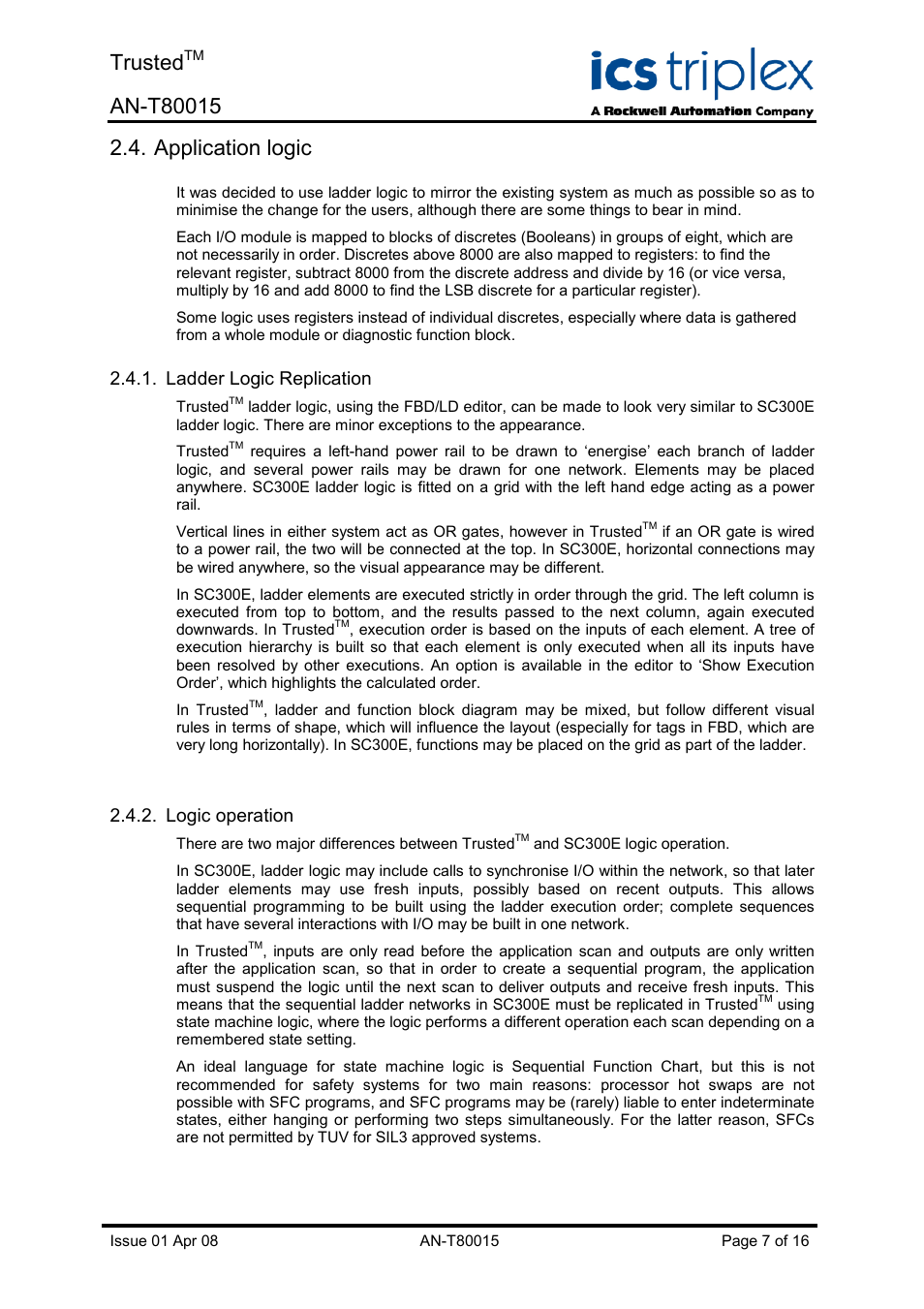 Application logic, Ladder logic replication, Logic operation | Trusted | Rockwell Automation T80015 Application Note Trusted SC300E Migration Process User Manual | Page 7 / 16