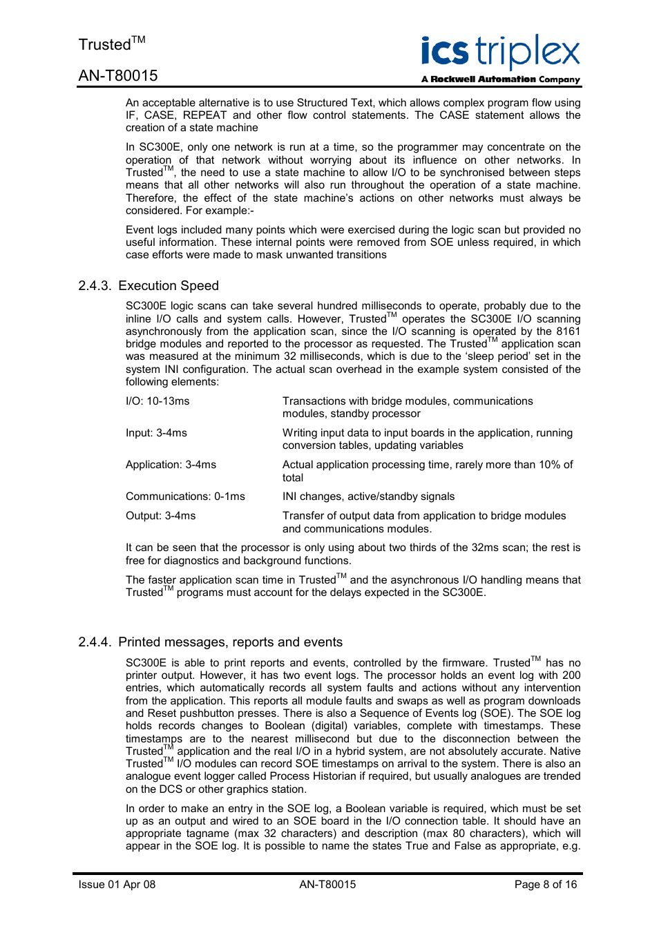 Execution speed, Printed messages, reports and events, Trusted | Rockwell Automation T80015 Application Note Trusted SC300E Migration Process User Manual | Page 8 / 16