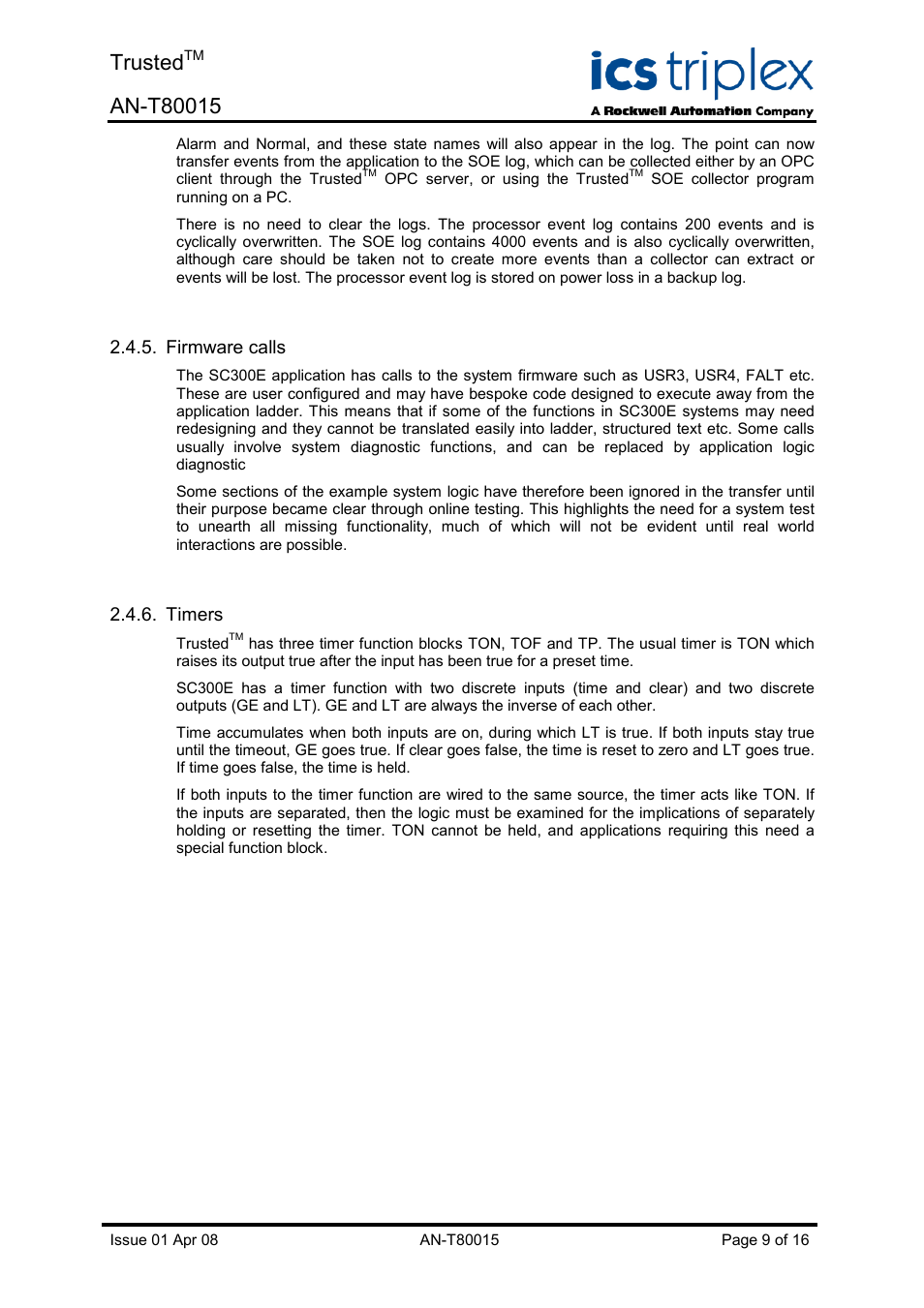 Firmware calls, Timers, Trusted | Rockwell Automation T80015 Application Note Trusted SC300E Migration Process User Manual | Page 9 / 16