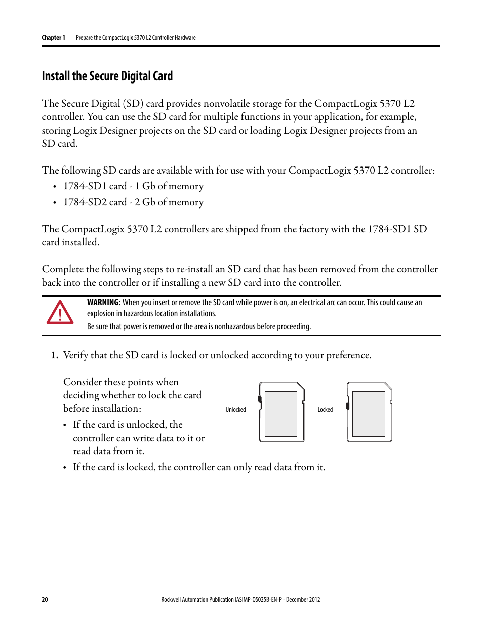 Install the secure digital card, Install the secure, Digital card | Rockwell Automation 1769-L24ER-QB1B_L24ER-QBFC1B_L27ERM-QBFC1B CompactLogix 5370 L2 Controllers Quick Start User Manual | Page 20 / 86