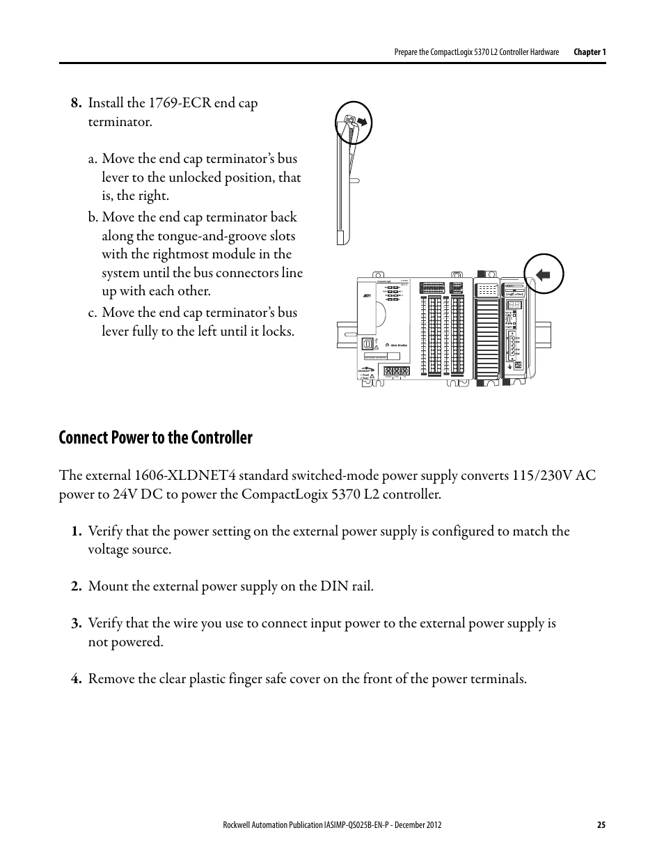 Connect power to the controller, Connect power to, The controller | Dc in hsc dc out analog | Rockwell Automation 1769-L24ER-QB1B_L24ER-QBFC1B_L27ERM-QBFC1B CompactLogix 5370 L2 Controllers Quick Start User Manual | Page 25 / 86