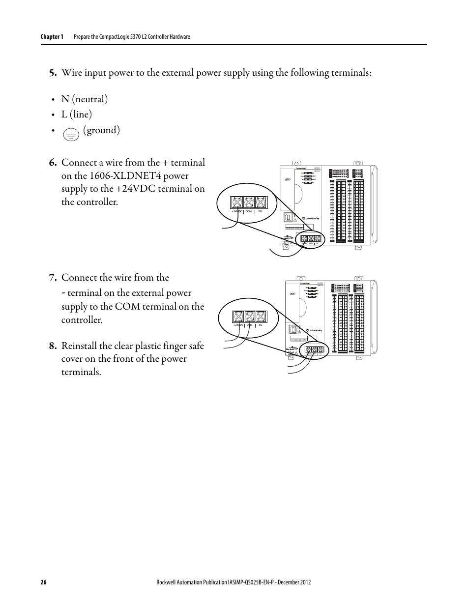 N (neutral), L (line), Dc input 24vdc sink\ source 24vdc source output dc | Dc in hsc dc out analog | Rockwell Automation 1769-L24ER-QB1B_L24ER-QBFC1B_L27ERM-QBFC1B CompactLogix 5370 L2 Controllers Quick Start User Manual | Page 26 / 86