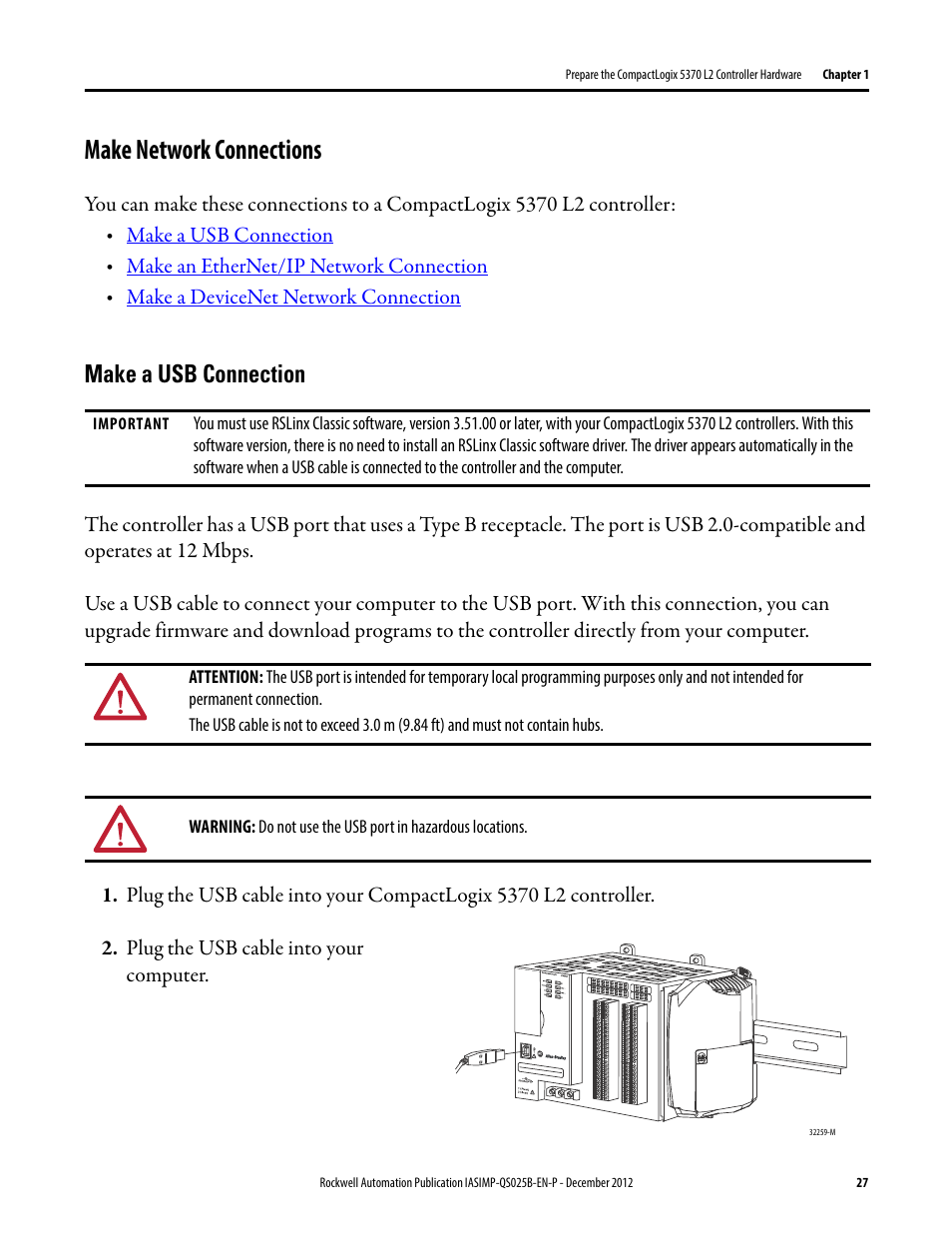 Make network connections, Make a usb connection, Make network | Connections | Rockwell Automation 1769-L24ER-QB1B_L24ER-QBFC1B_L27ERM-QBFC1B CompactLogix 5370 L2 Controllers Quick Start User Manual | Page 27 / 86