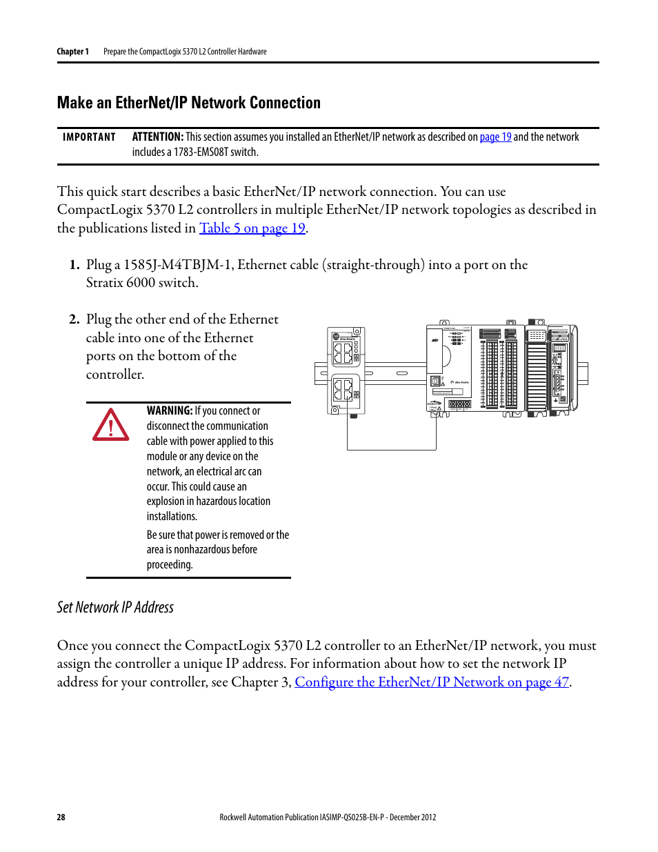 Make an ethernet/ip network connection, Set network ip address, Important | Dc in hsc dc out analog | Rockwell Automation 1769-L24ER-QB1B_L24ER-QBFC1B_L27ERM-QBFC1B CompactLogix 5370 L2 Controllers Quick Start User Manual | Page 28 / 86