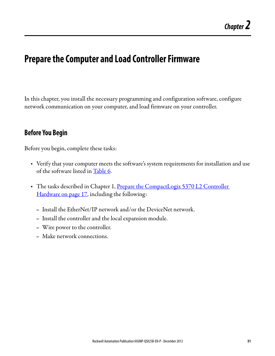 Before you begin, Prepare the computer and load, Controller firmware | Chapter 2, Prepare the computer and load controller firmware, Chapter | Rockwell Automation 1769-L24ER-QB1B_L24ER-QBFC1B_L27ERM-QBFC1B CompactLogix 5370 L2 Controllers Quick Start User Manual | Page 31 / 86