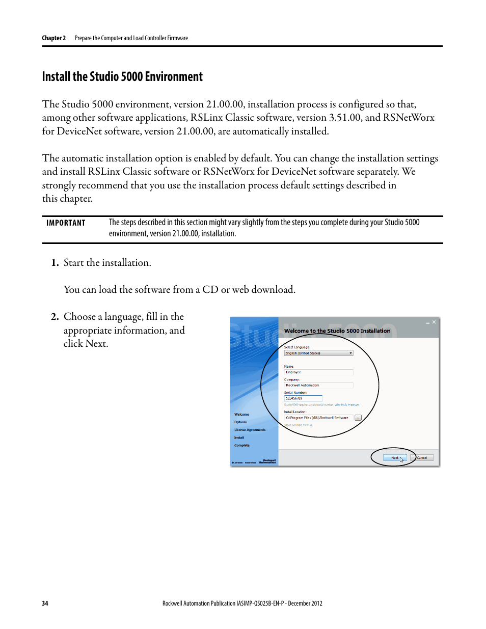 Install the studio 5000 environment, Install the studio 5000, Environment | Rockwell Automation 1769-L24ER-QB1B_L24ER-QBFC1B_L27ERM-QBFC1B CompactLogix 5370 L2 Controllers Quick Start User Manual | Page 34 / 86