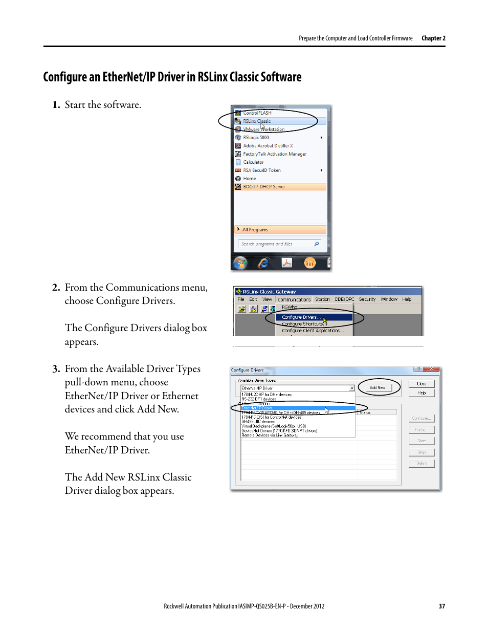 Configure an ethernet/ip, Driver in rslinx classic, Software | Rockwell Automation 1769-L24ER-QB1B_L24ER-QBFC1B_L27ERM-QBFC1B CompactLogix 5370 L2 Controllers Quick Start User Manual | Page 37 / 86