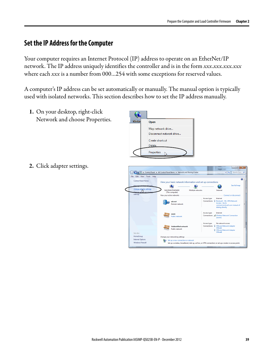 Set the ip address for the computer, Set the ip address for, The computer | Rockwell Automation 1769-L24ER-QB1B_L24ER-QBFC1B_L27ERM-QBFC1B CompactLogix 5370 L2 Controllers Quick Start User Manual | Page 39 / 86