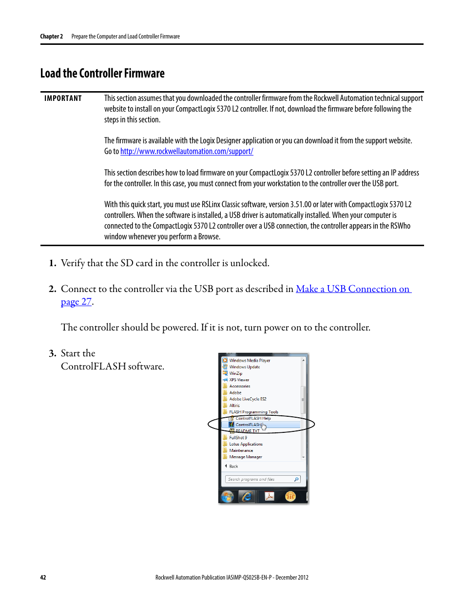Load the controller firmware, Load the controller, Firmware | Rockwell Automation 1769-L24ER-QB1B_L24ER-QBFC1B_L27ERM-QBFC1B CompactLogix 5370 L2 Controllers Quick Start User Manual | Page 42 / 86