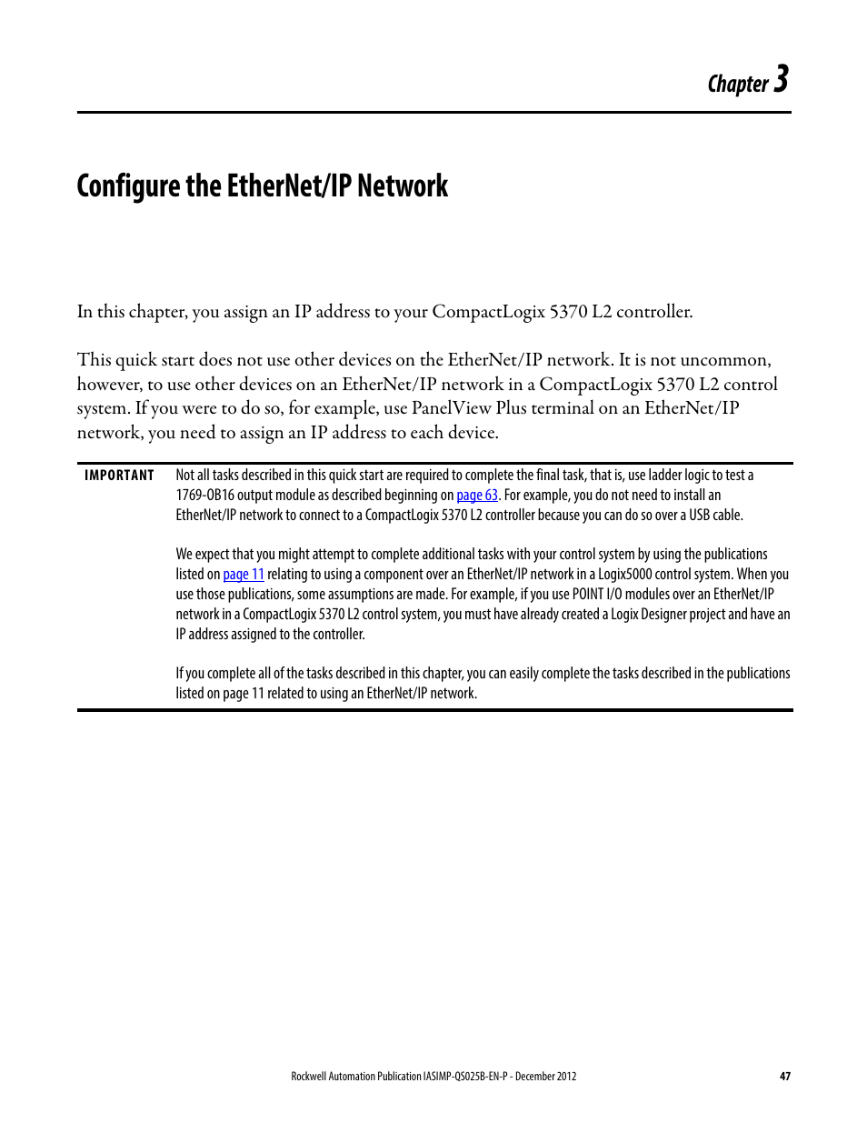 3 - configure the ethernet/ip network, Configure the ethernet/ip, Network | Chapter 3, Configure the ethernet/ip network, E chapter 3, Chapter | Rockwell Automation 1769-L24ER-QB1B_L24ER-QBFC1B_L27ERM-QBFC1B CompactLogix 5370 L2 Controllers Quick Start User Manual | Page 47 / 86